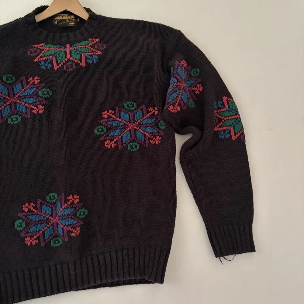 VTG‎ Eddie Bauer Mens Sweater Medium Cotton 90s Snowflake Preppy Celestial Cozy